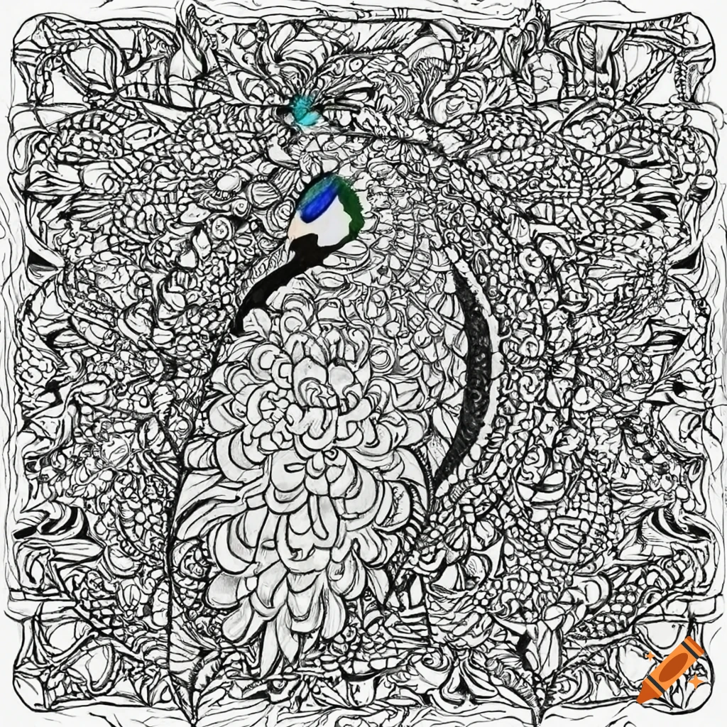 Coloring page for adults mandala peacock white background clean line art fine line art