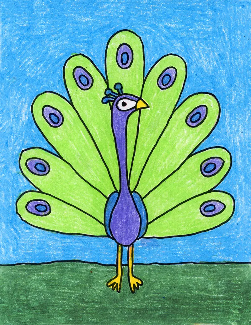 Easy how to draw peacock tutorial video and coloring page