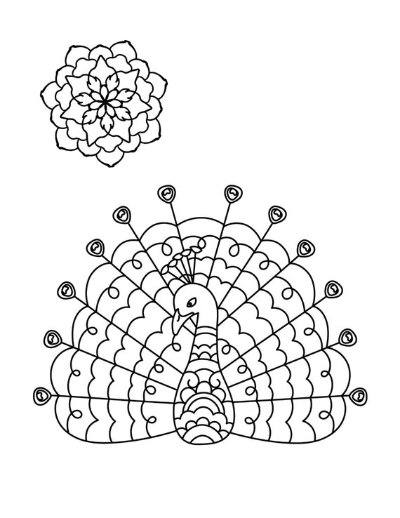 Peacock coloring page instant download animals coloring printable line art mandala bird farm animal adult coloring pages
