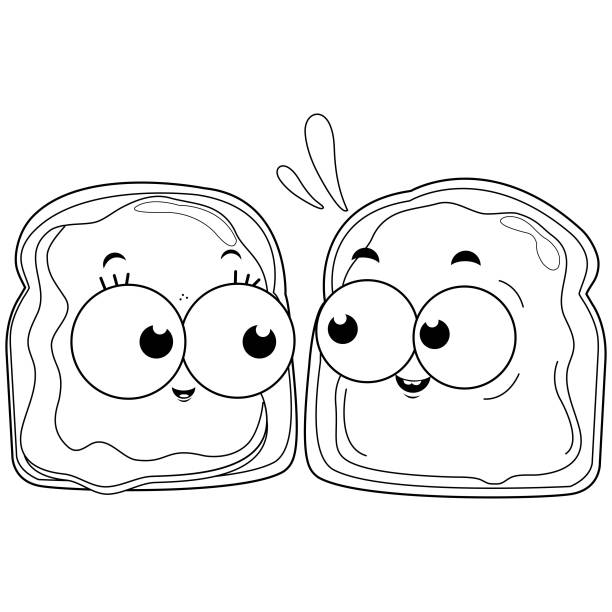 Cartoon slices of bread with peanut butter and jelly vector black and white coloring page stock illustration