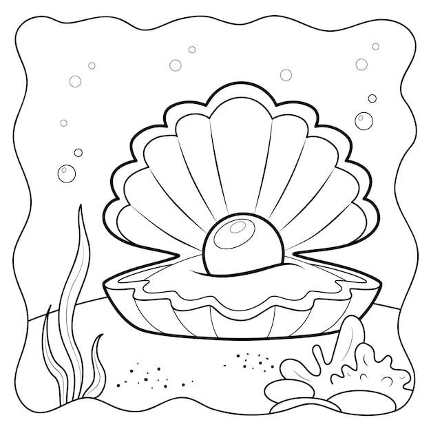 Premium vector shell black and white coloring book or coloring page for kids marine background