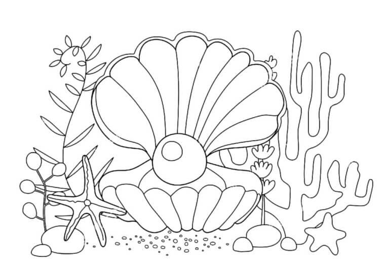 Seashell with pearl on the seabed coloring page