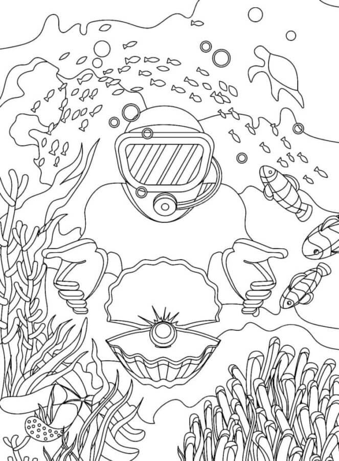 The diver found a beautiful pearl coloring page