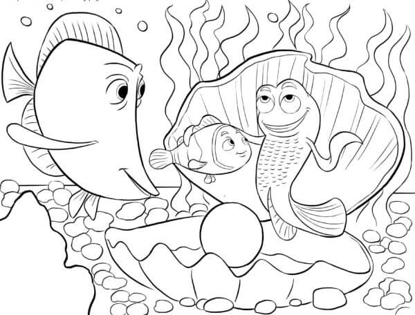 Friends and a beautiful shell with a pearl coloring page