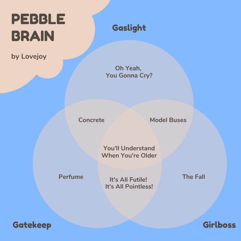 Pebble brain but its gaslight gatekeep girlboss rlovejoyband