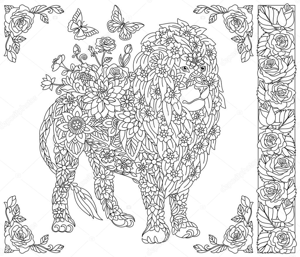 Adult coloring book page floral lion ethereal animal consisting flowers