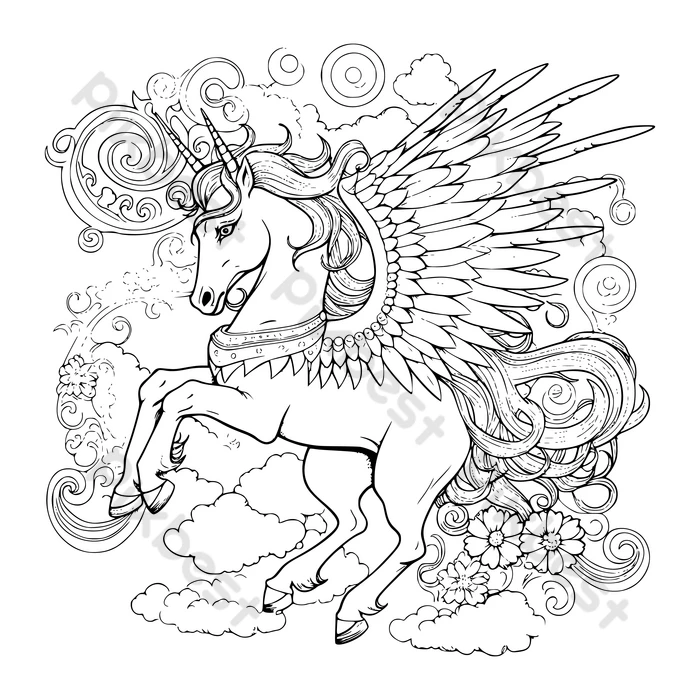 Beautiful unicorn pegasus coloring pages for kids illustration ai free download