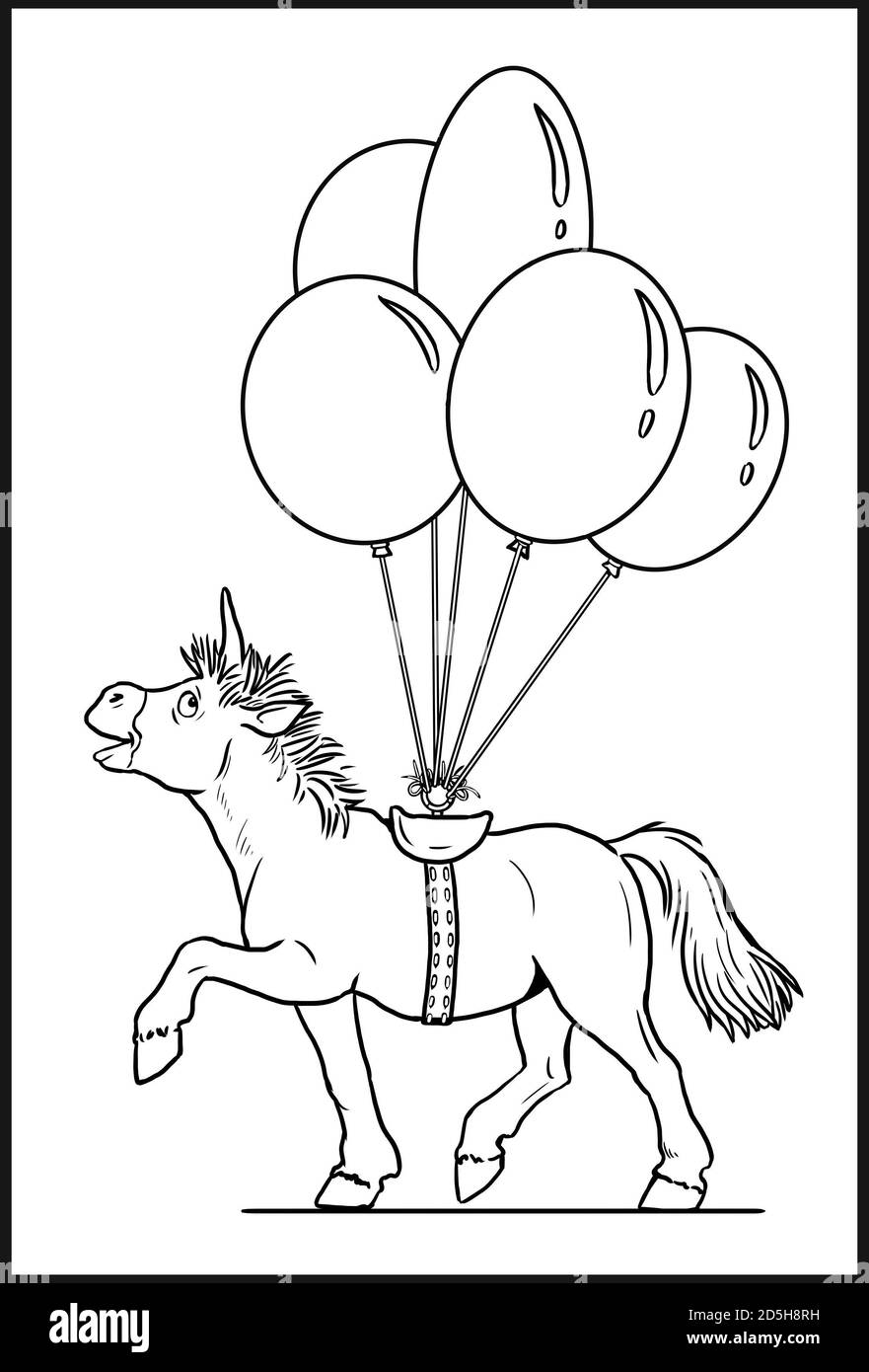 Lustige einhorn mit luftballons zum ausmalen malvorlagen fãr kinr und pferliebhaber stockfotografie