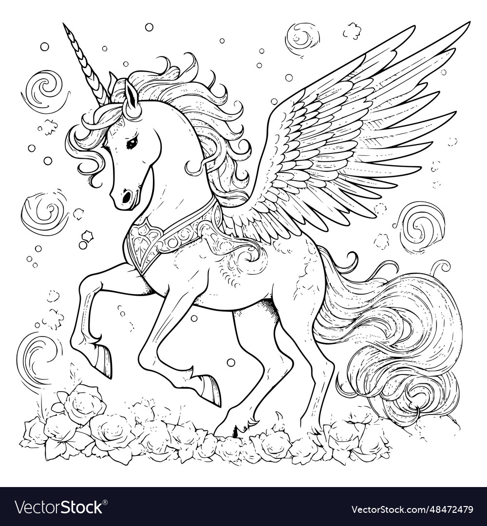 Beautiful unicorn pegasus coloring pages for kids vector image