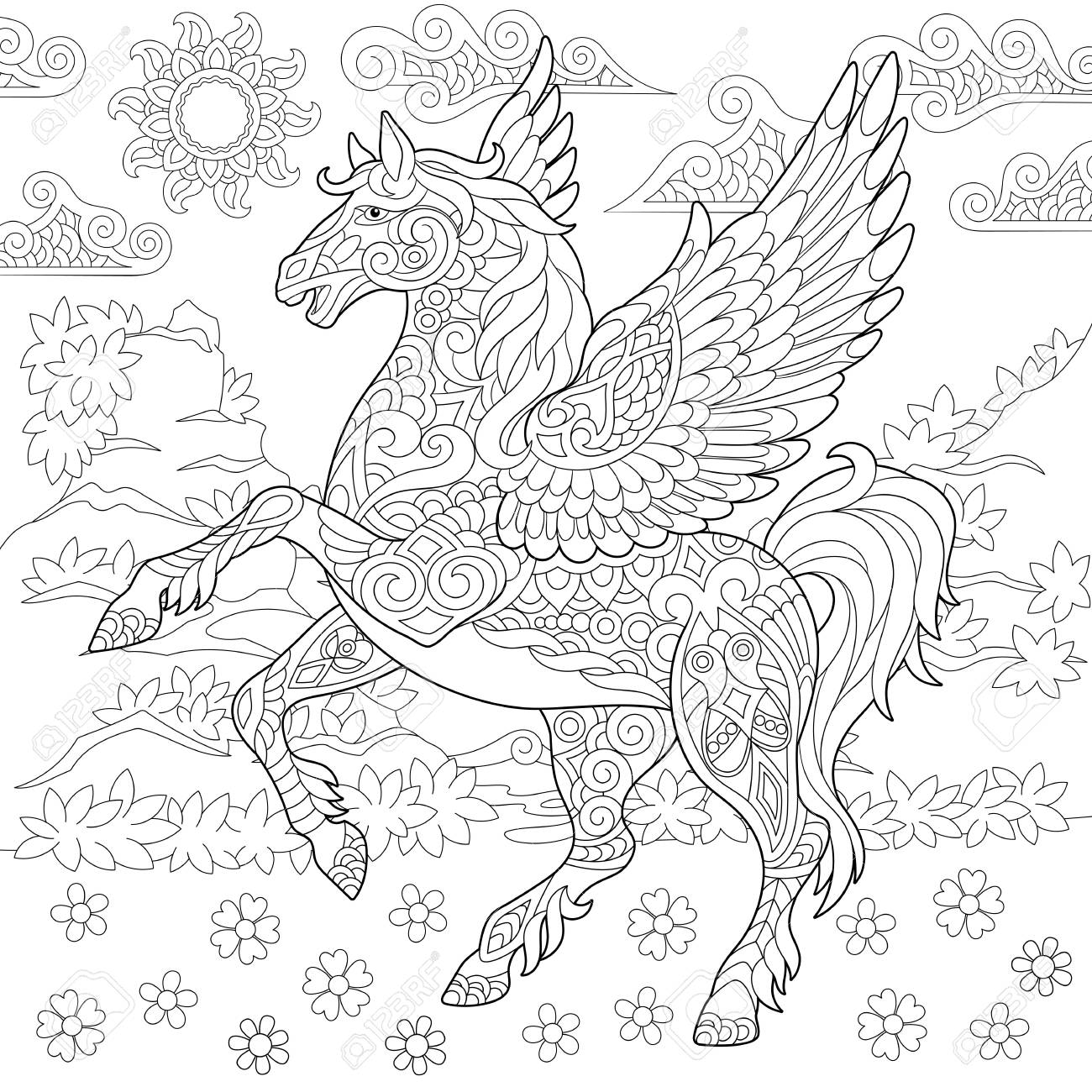 Pegasus coloring page greek mythological winged horse flying adult coloring book idea anti