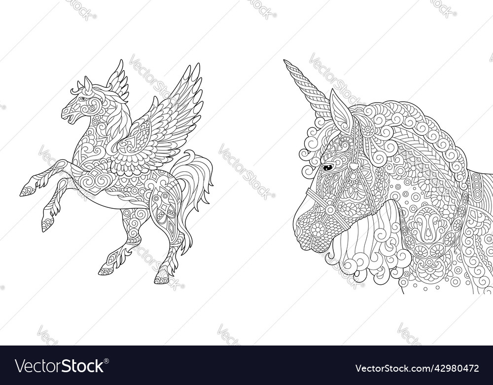 Coloring pages with unicorn and pegasus royalty free vector