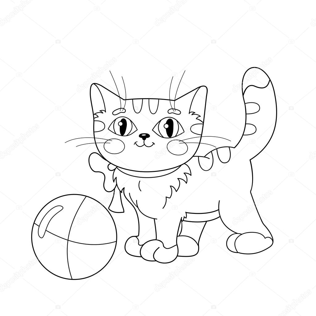 Coloring page outline of a fluffy kitten playing with ball stock vector by oleon