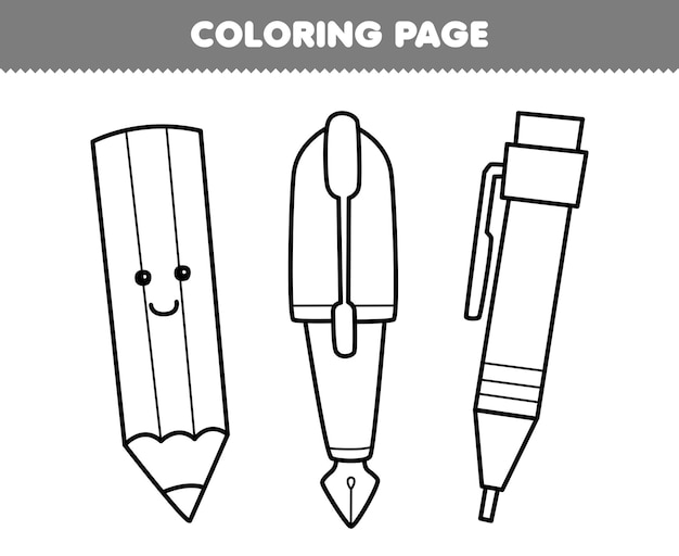Premium vector education game for children coloring page of cute cartoon pencil and pen line art printable tool worksheet