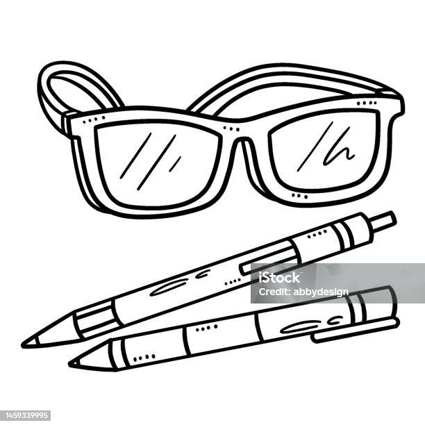Eye glasses and pen isolated coloring page stock illustration