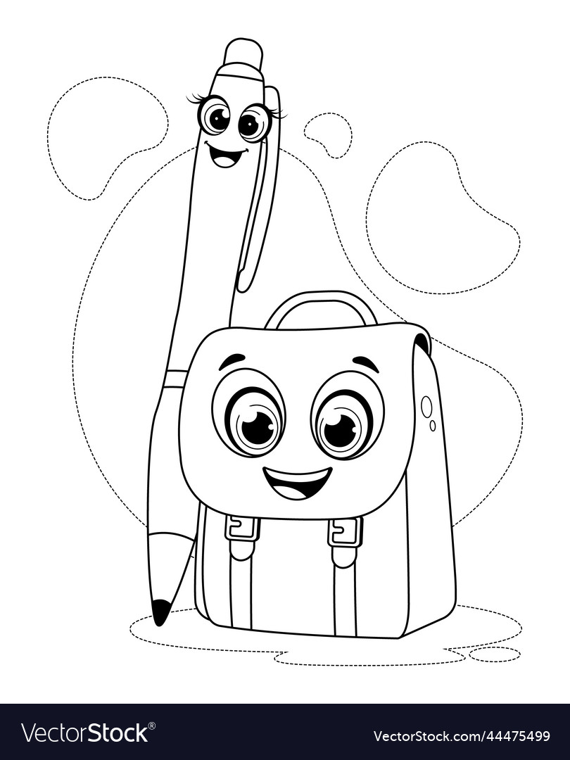 Coloring page funny characters pen and school bag vector image