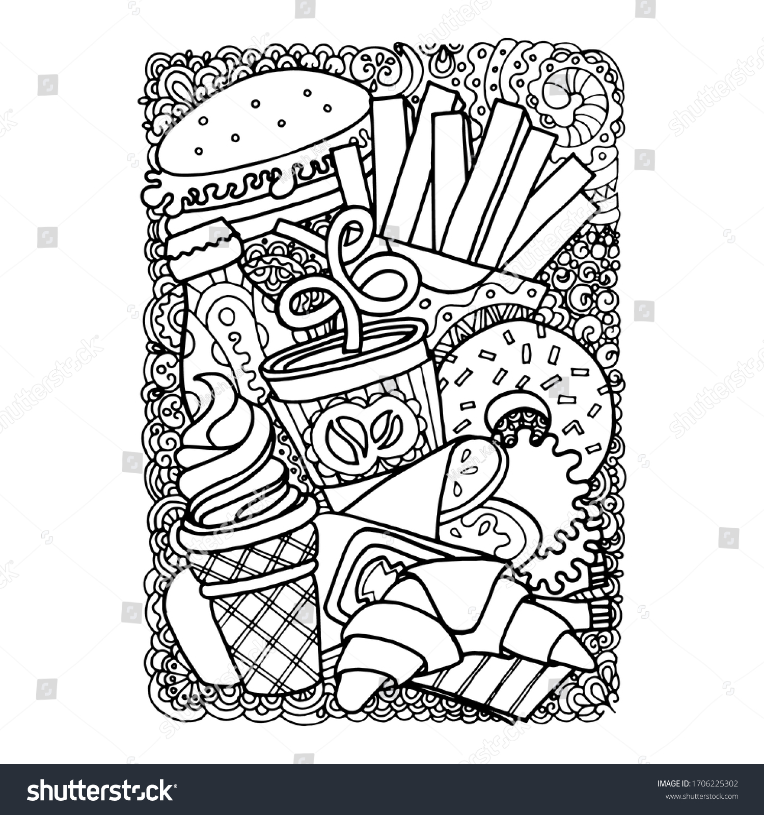 Fast food coloring page pen drawing stock vector royalty free
