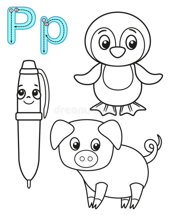 Printable coloring page for kindergarten and preschool card for study english vector coloring book alphabet letter p stock vector