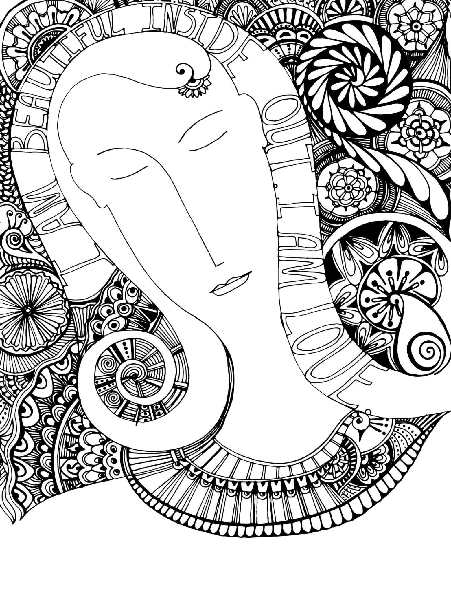 Artistic coloring page affirms that you are beautiful inside out