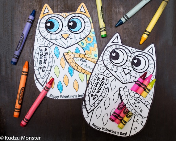 Owl coloring page valentine with crayon holder cute unique owl woodland printable diy valentines crayons cards classroom activity