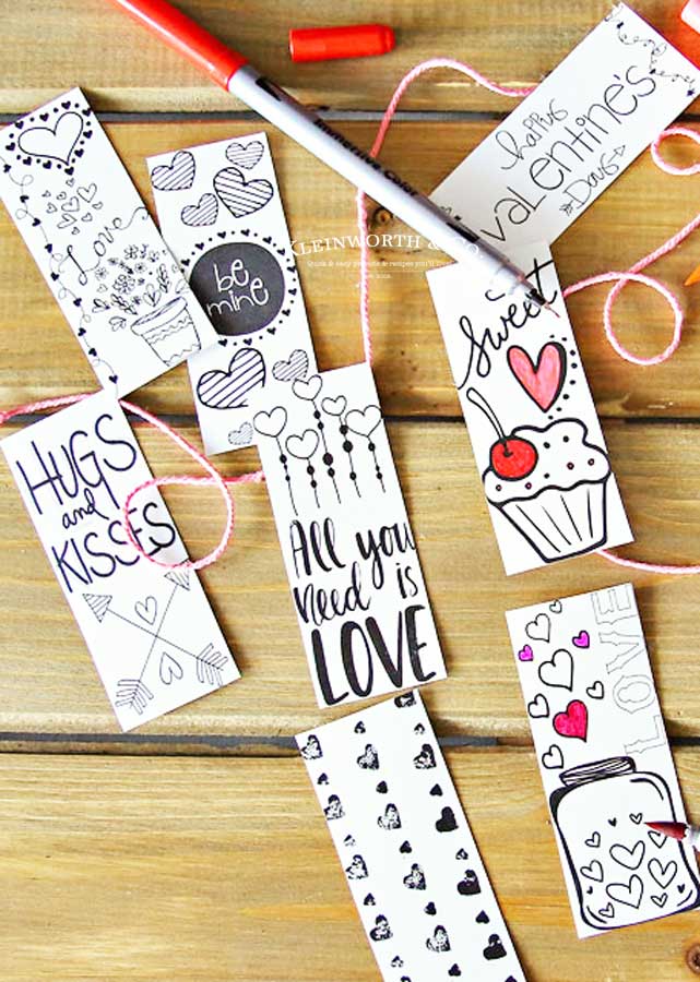 Valentine printable coloring page bookmarks