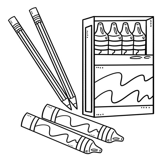 Crayons and pencil isolated coloring page for kids stock illustration