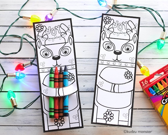 Christmas printable reindeer coloring page crayon hugger colored pencil holder classroom activity non candy holiday treat goodie gift download now