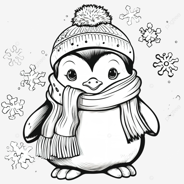 Cheerful baby penguin coloring book winter hat scarf and snowflake fun aigenerated cheerful baby penguin baby penguin coloring book png transparent image and clipart for free download