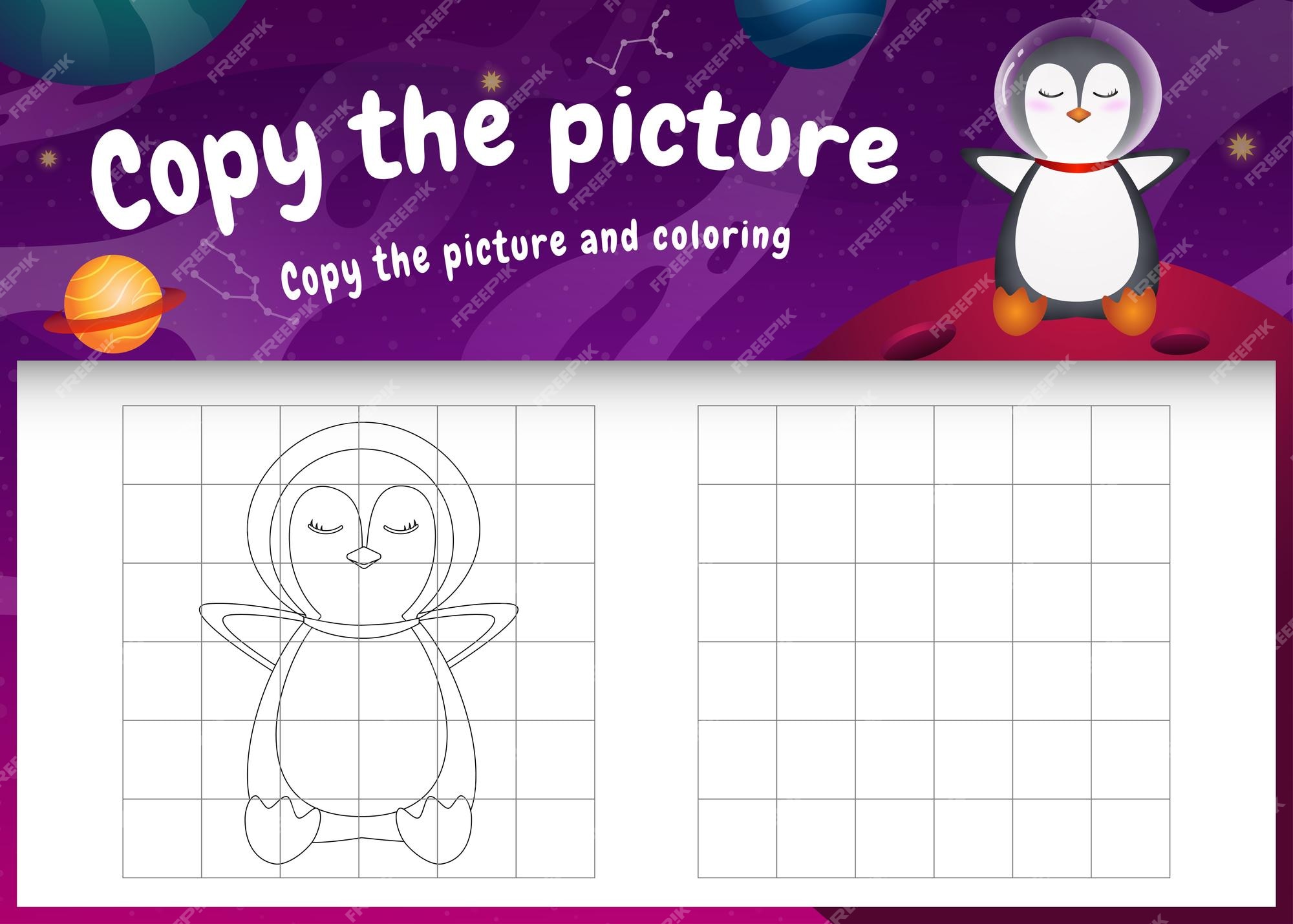 Premium vector copy the picture kids game and coloring page with a cute penguin in the space galaxy