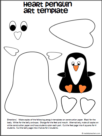 Free penguin art template heart shape made by teachers