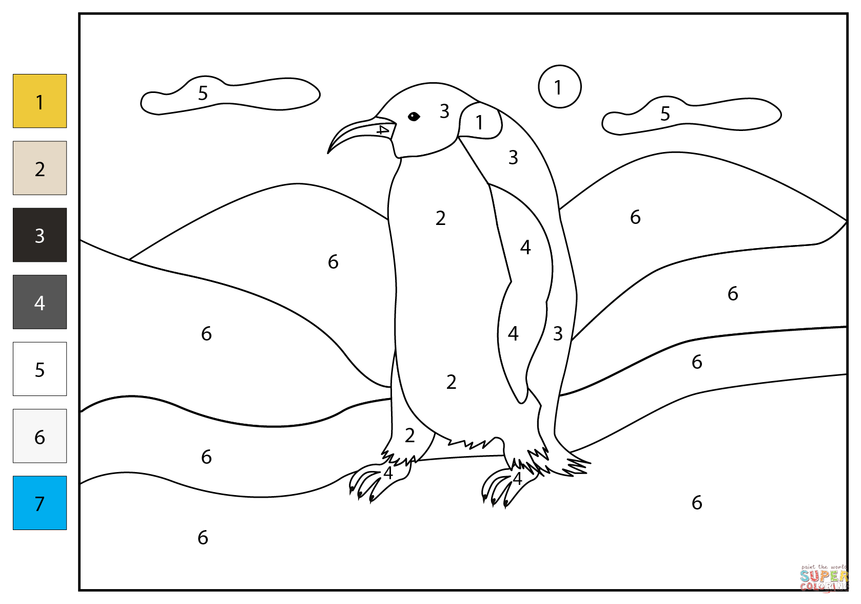 Penguin color by number free printable coloring pages