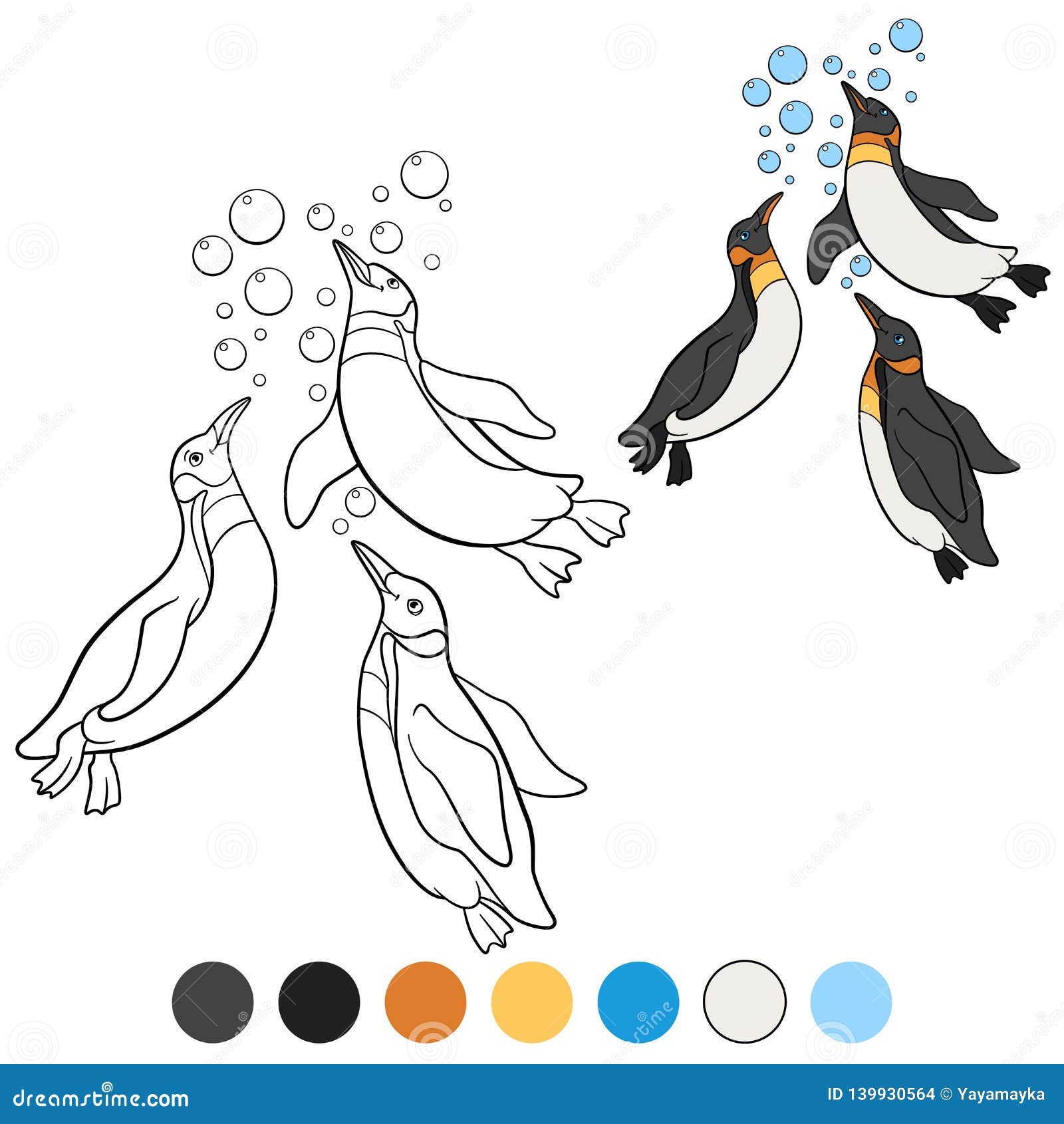 Coloring pages three little cute penguins swim stock vector