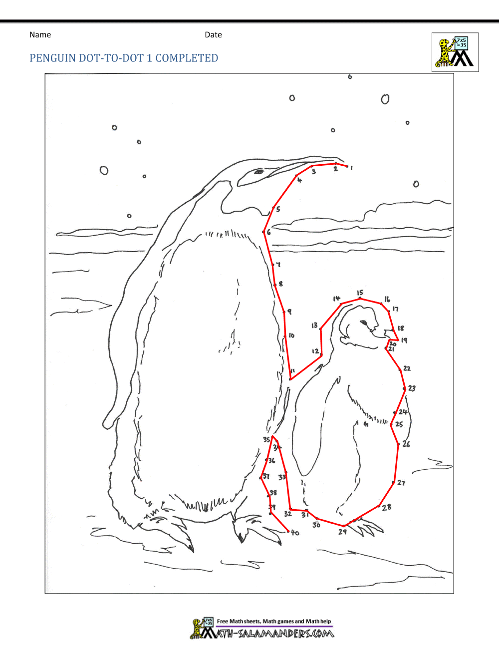 Penguin dot to dot printables