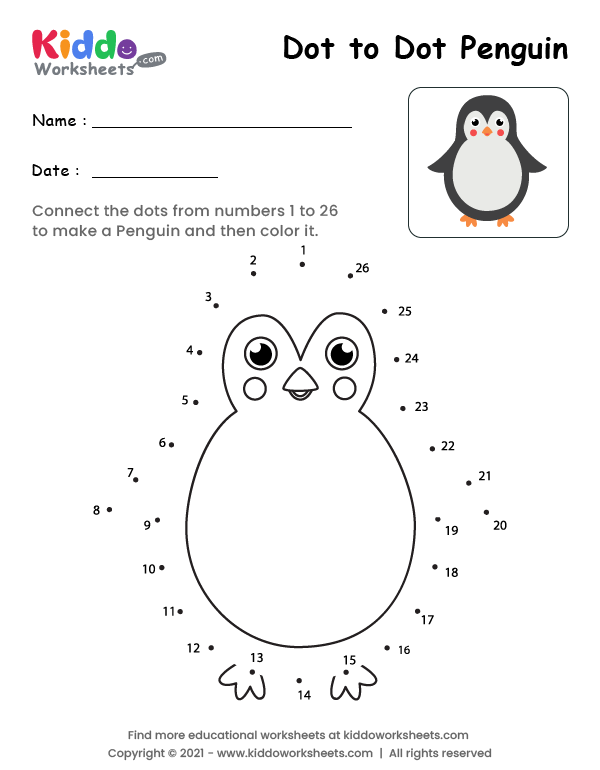 Free printable dot to dot penguin worksheet