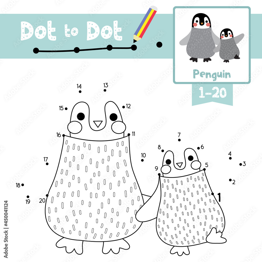 Dot to dot educational game and coloring book penguin mother and child animal cartoon character vector illustration vector