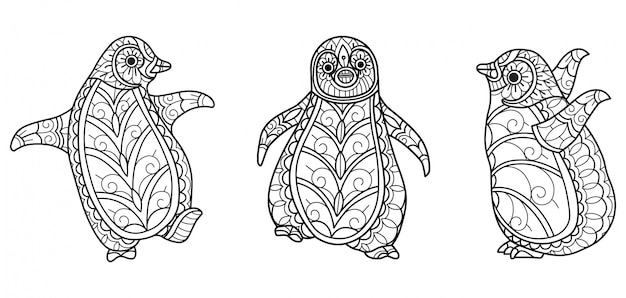 Premium vector penguins pattern hand drawn sketch illustration for adult coloring book