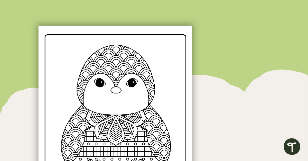 Penguin mindful coloring page for winter teach starter