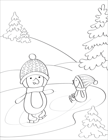 Penguins skating on ice coloring page free printable coloring pages