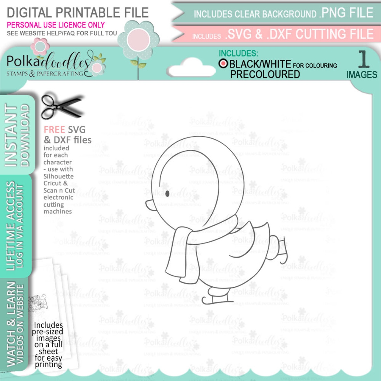 Ice skating theo penguin digital stamp