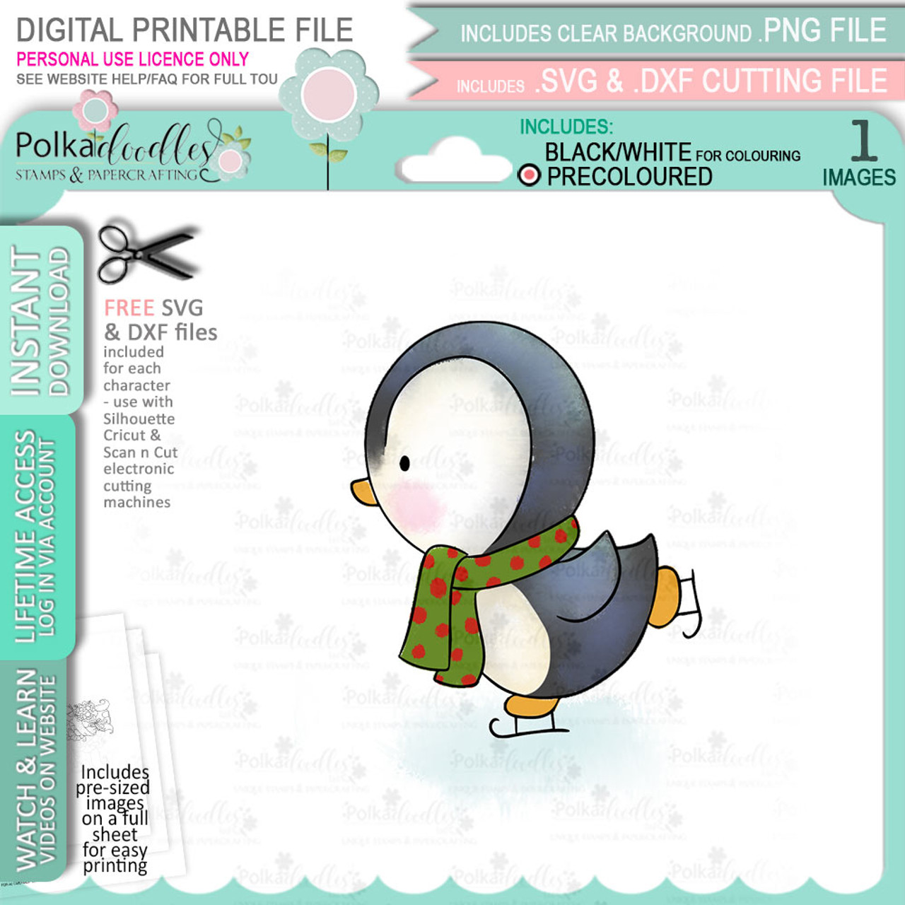 Ice skating theo penguin digital stamp