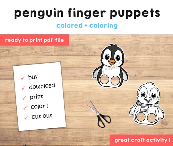 Penguin puppet paper craft printable finger puppet kids craft animal birthday party polar animal coloring paper print out instant download