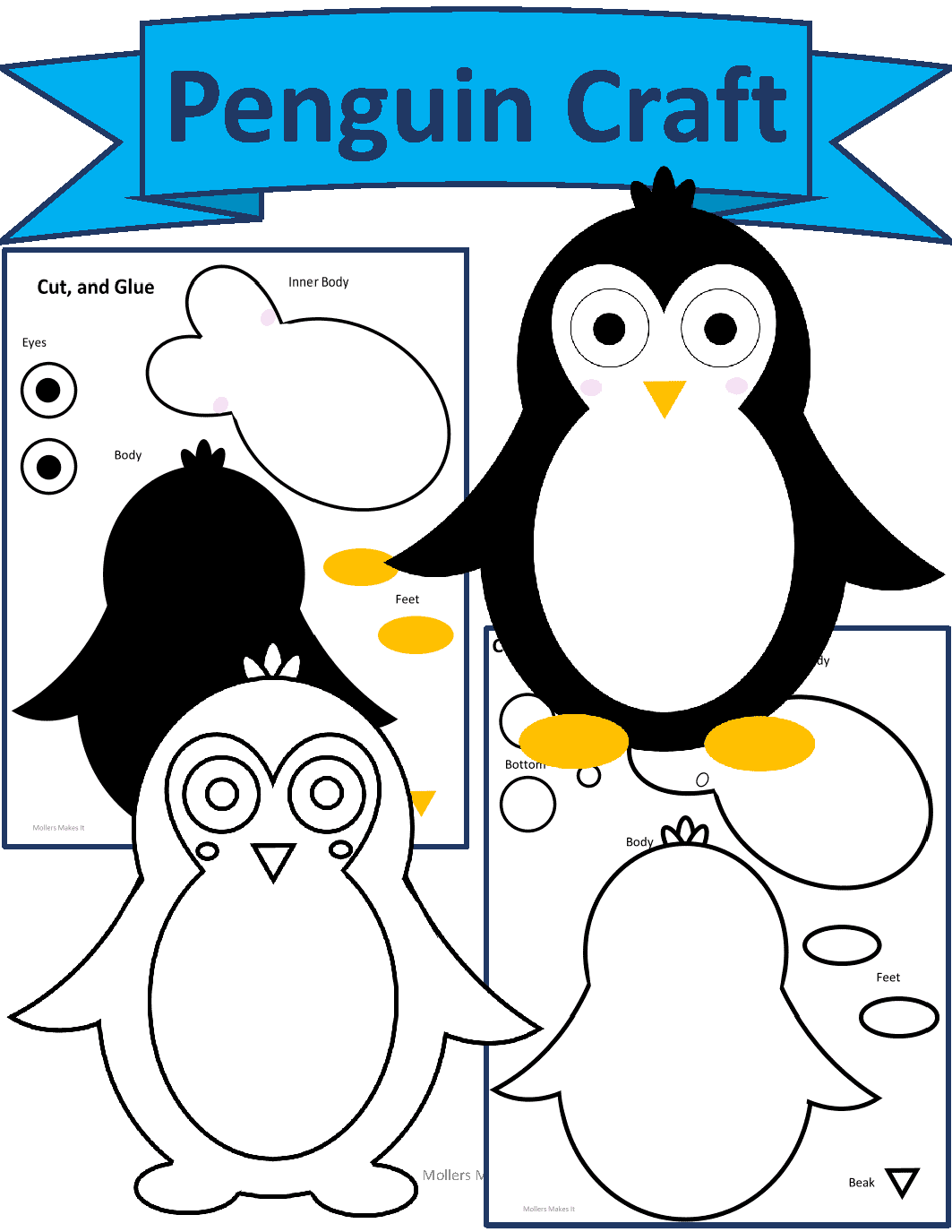 Penguin paper craft template cut and glue