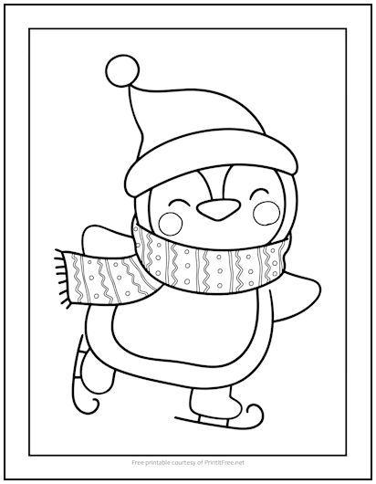 Ice skating penguin christmas coloring page print it free