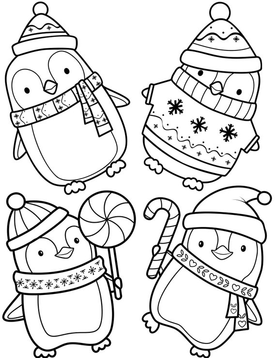 Christmas penguins printable coloring page instant download