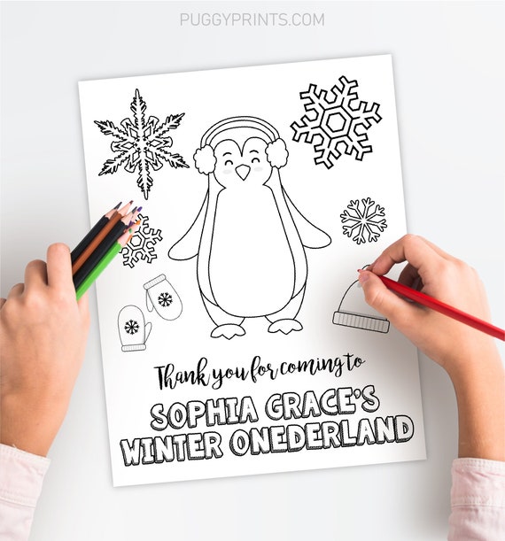 Winter onederland birthday coloring page editable penguin coloring sheet template printable winter wonderland birthday party activity game