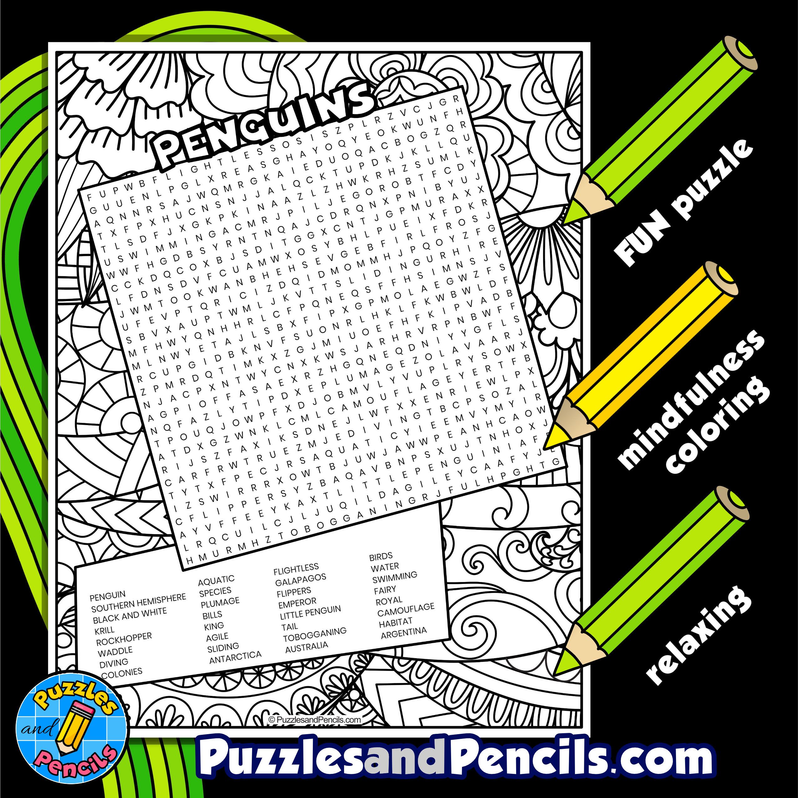 Penguins word search puzzle activity page with coloring made by teachers