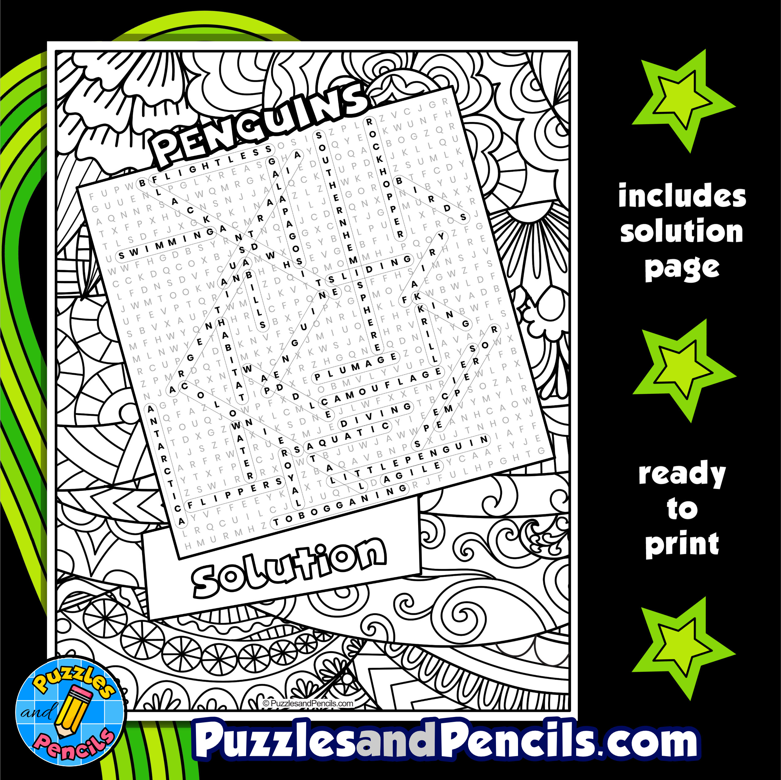 Penguins word search puzzle activity page with coloring made by teachers