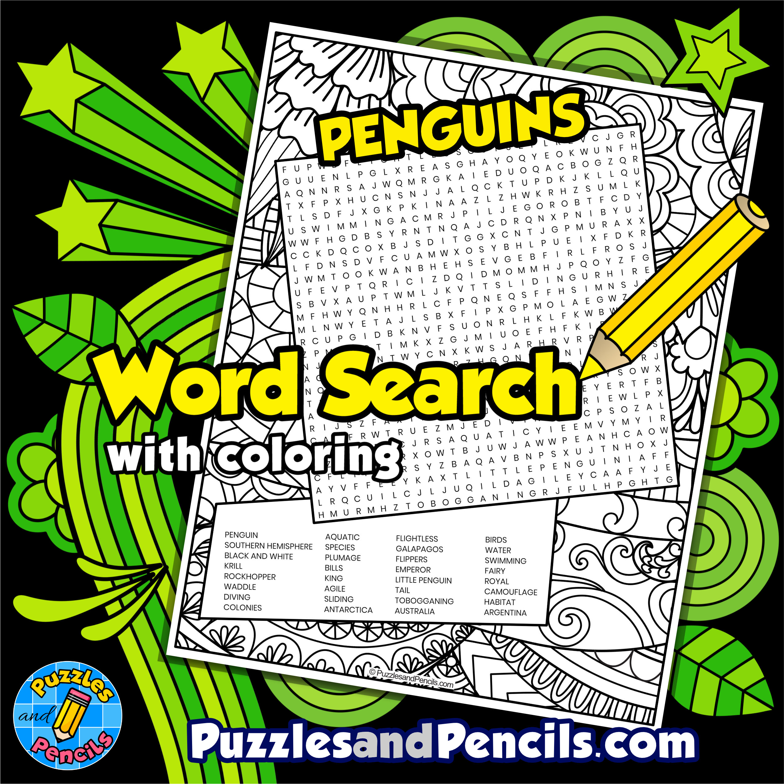 Penguins word search puzzle activity page with coloring made by teachers