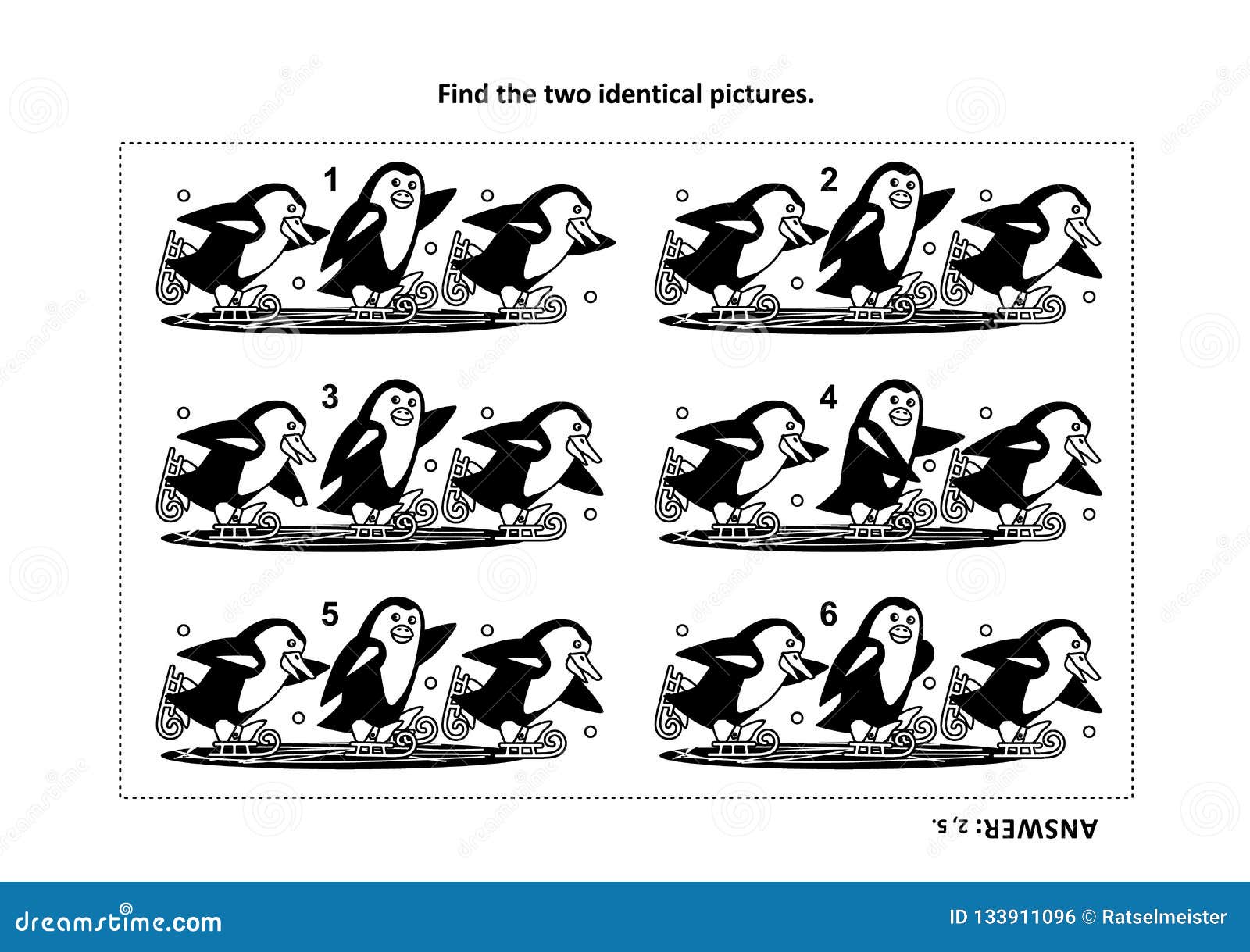 Find the two identical pictures of skating penguins visual puzzle and coloring page stock vector