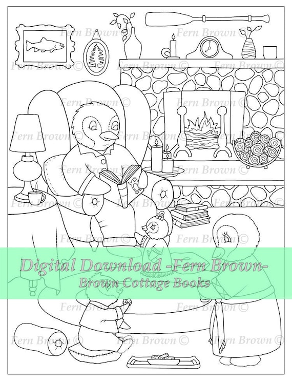 Coloring page printable download animal penguins line art penguin story time by fern brown hand