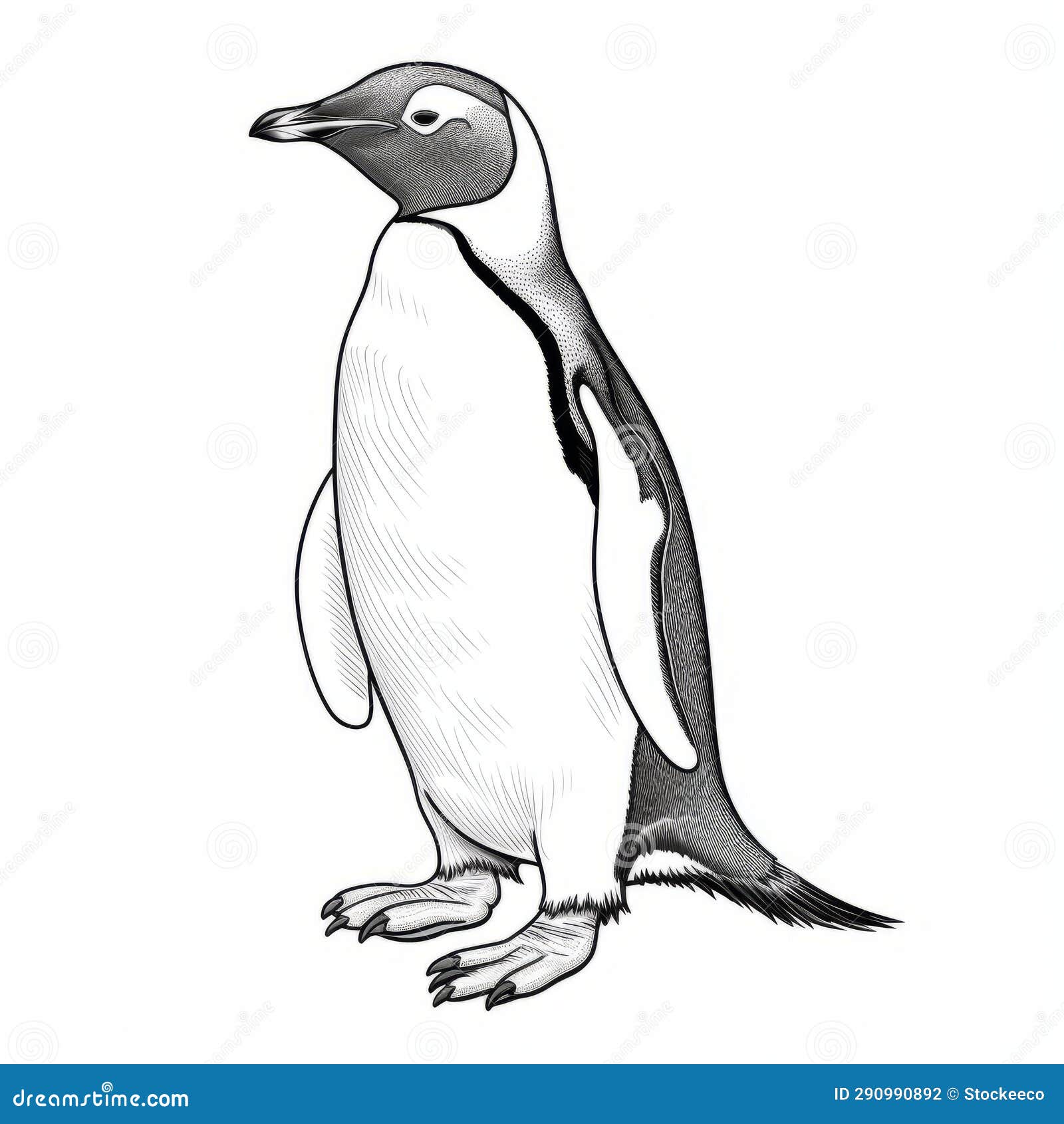 Realistic black and white penguin drawing for coloring page stock illustration